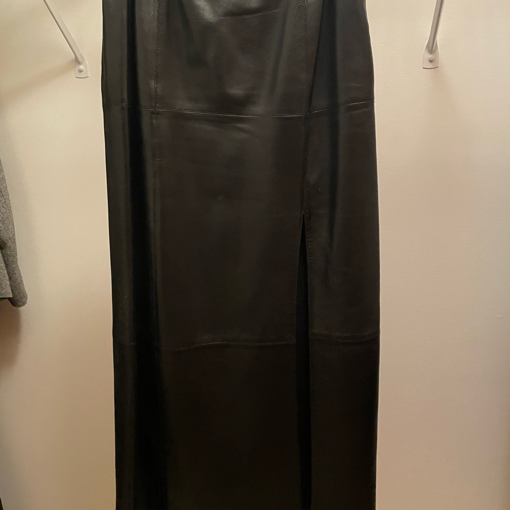 Ellen Tracy Black Leather Midi/Maxi Slit Skirt
